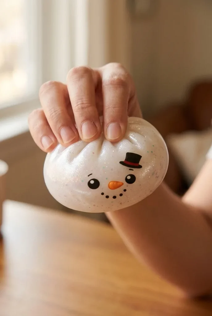 Squishy Dumpling Bonhomme de Neige Glitter pressé dans la main — effet squishy slow-rise
