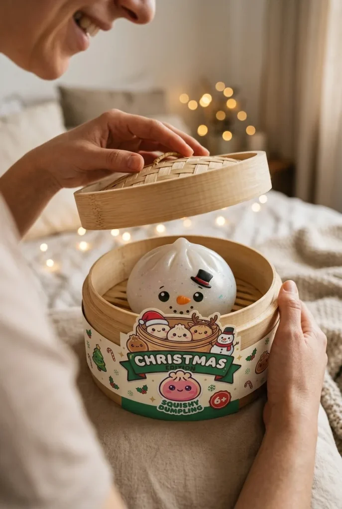 Déballage du Squishy Dumpling Bonhomme de Neige Glitter — la boîte panier vapeur s'ouvre