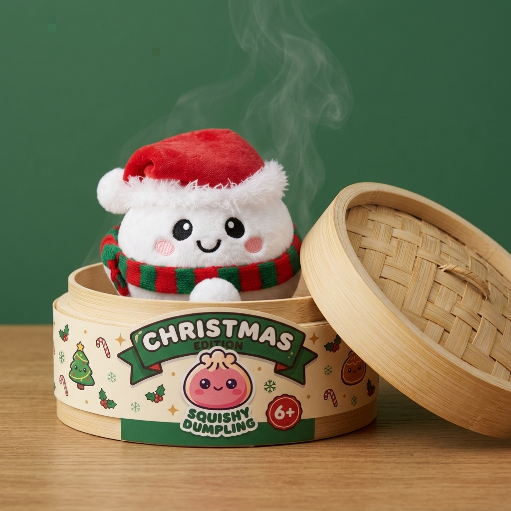 Squishy Dumpling Bonhomme de Neige Douillet dans sa boîte panier vapeur façon bambou