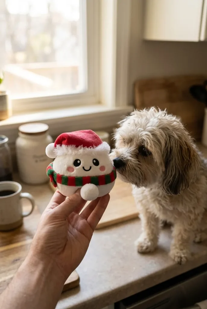 Squishy Dumpling Bonhomme de Neige Douillet tenu près d'un animal de compagnie curieux