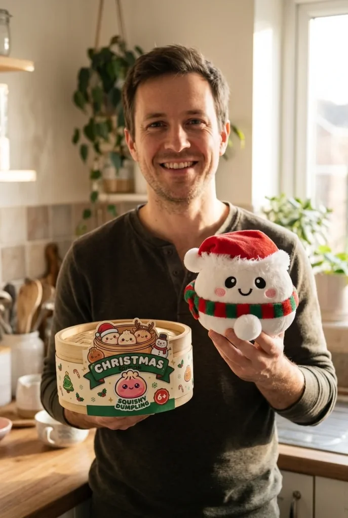 Squishy Dumpling Bonhomme de Neige Douillet présenté avec sa boîte panier vapeur — photo client