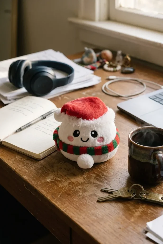 Squishy Dumpling Bonhomme de Neige Douillet posé sur un bureau, dans le quotidien