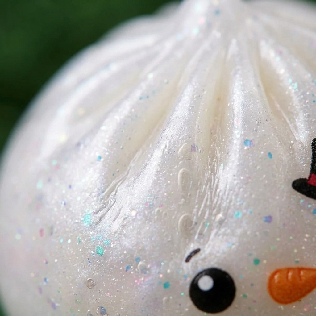 Squishy Dumpling Bonhomme de Neige Glitter — gros plan macro sur la texture