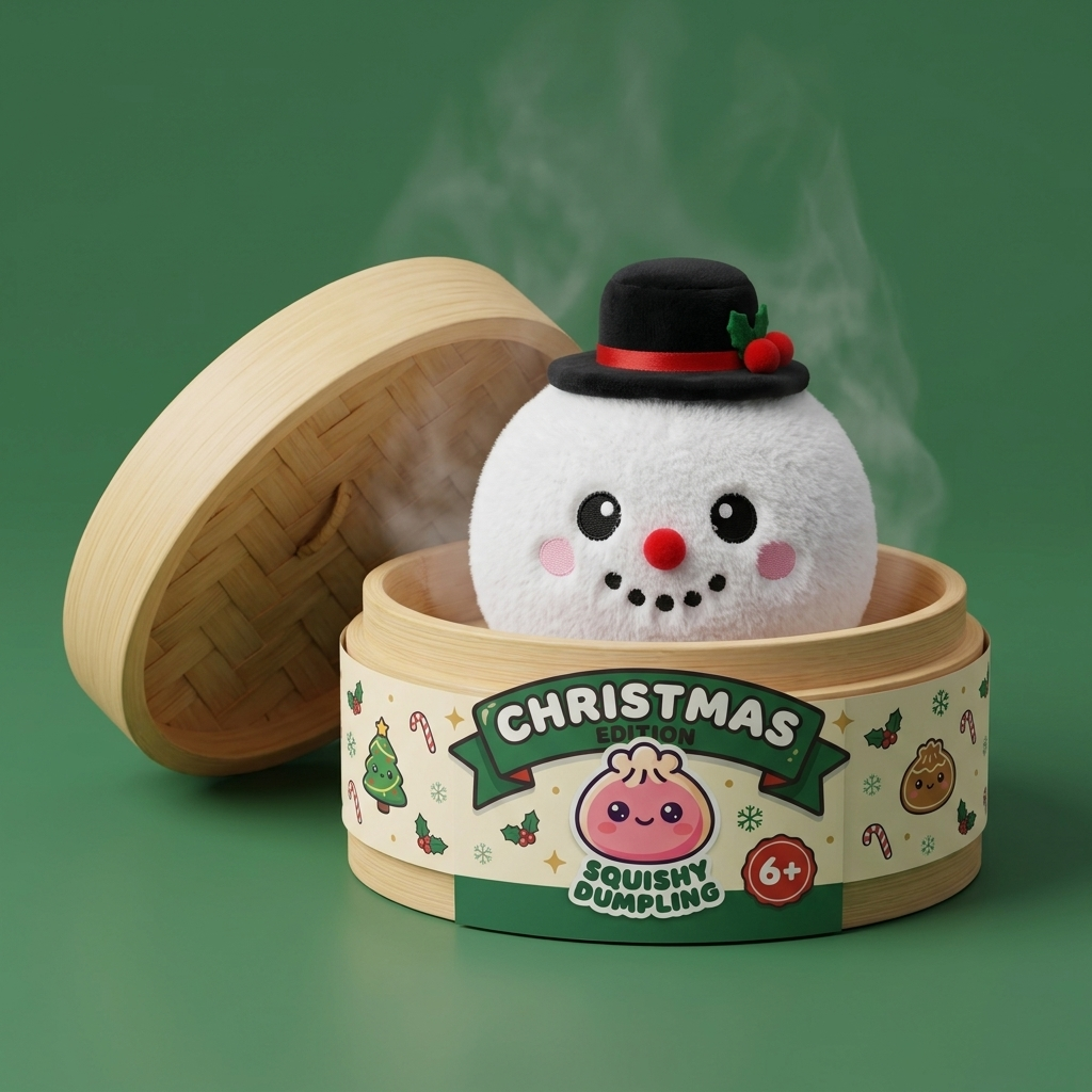 Squishy Dumpling Bonhomme de Neige Chapeau Haut-de-Forme dans sa boîte panier vapeur façon bambou
