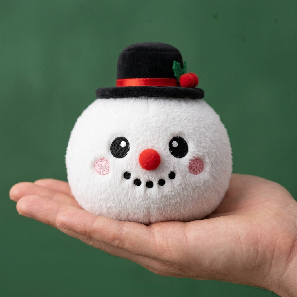 Squishy Dumpling Bonhomme de Neige Chapeau Haut-de-Forme tenu en main, taille réelle