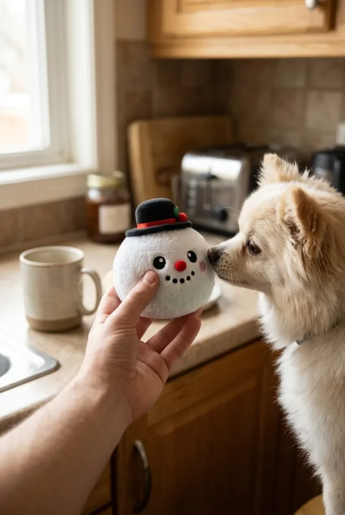 Squishy Dumpling Bonhomme de Neige Chapeau Haut-de-Forme tenu près d'un animal de compagnie curieux