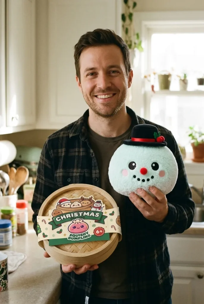 Squishy Dumpling Bonhomme de Neige Chapeau Haut-de-Forme présenté avec sa boîte panier vapeur — photo client