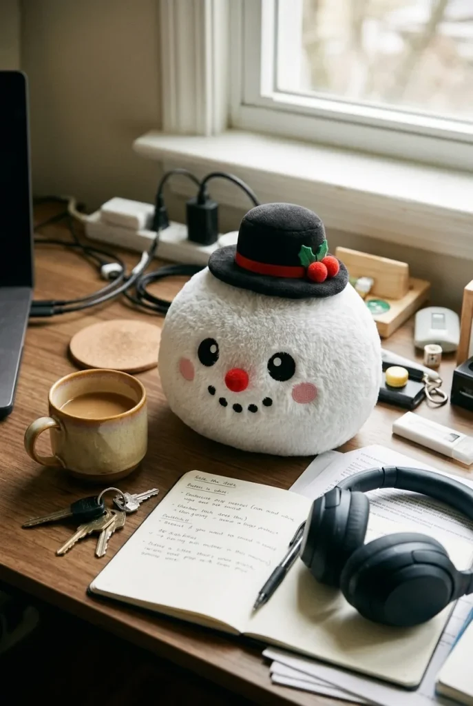 Squishy Dumpling Bonhomme de Neige Chapeau Haut-de-Forme posé sur un bureau, dans le quotidien