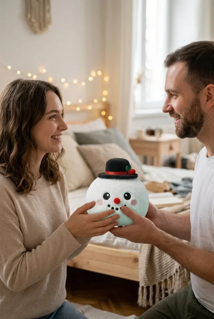 Squishy Dumpling Bonhomme de Neige Chapeau Haut-de-Forme offert en cadeau entre deux personnes