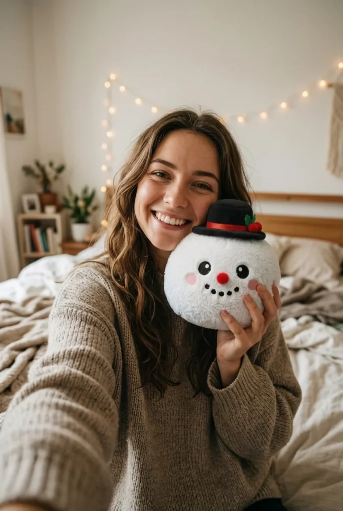 Squishy Dumpling Bonhomme de Neige Chapeau Haut-de-Forme tenu près du visage — photo client