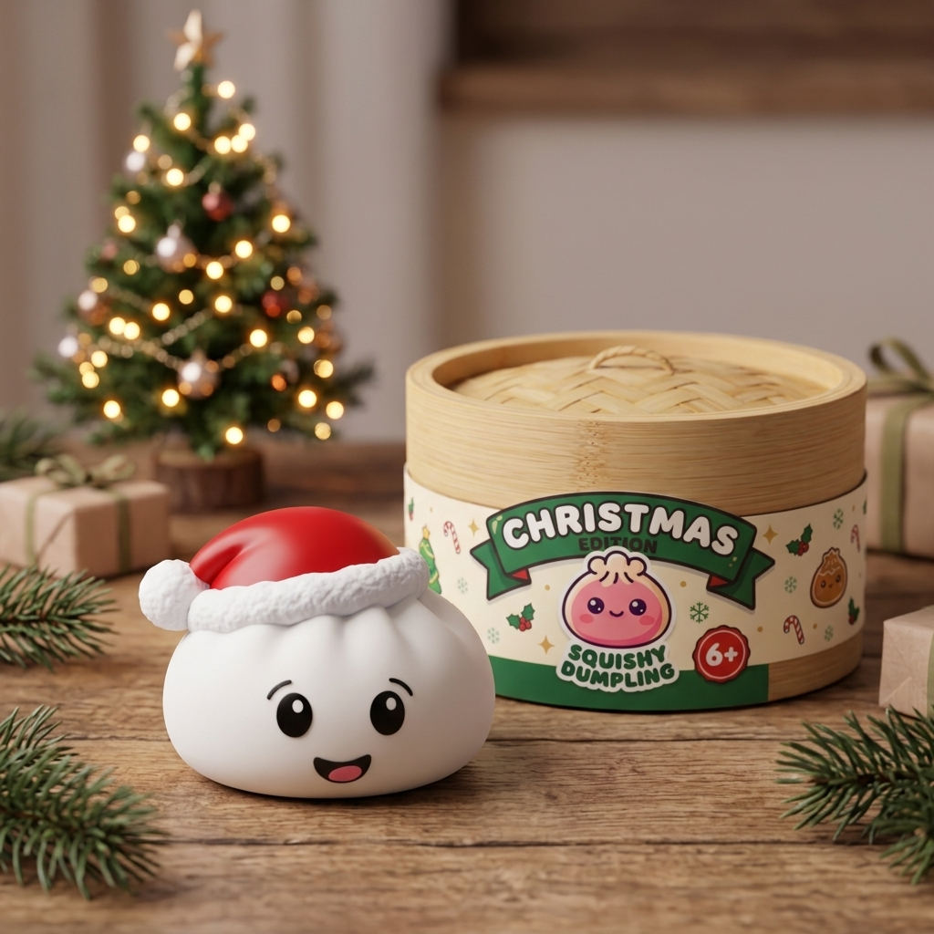 Squishy Dumpling Bonnet de Noël Blanc en ambiance sur un bureau