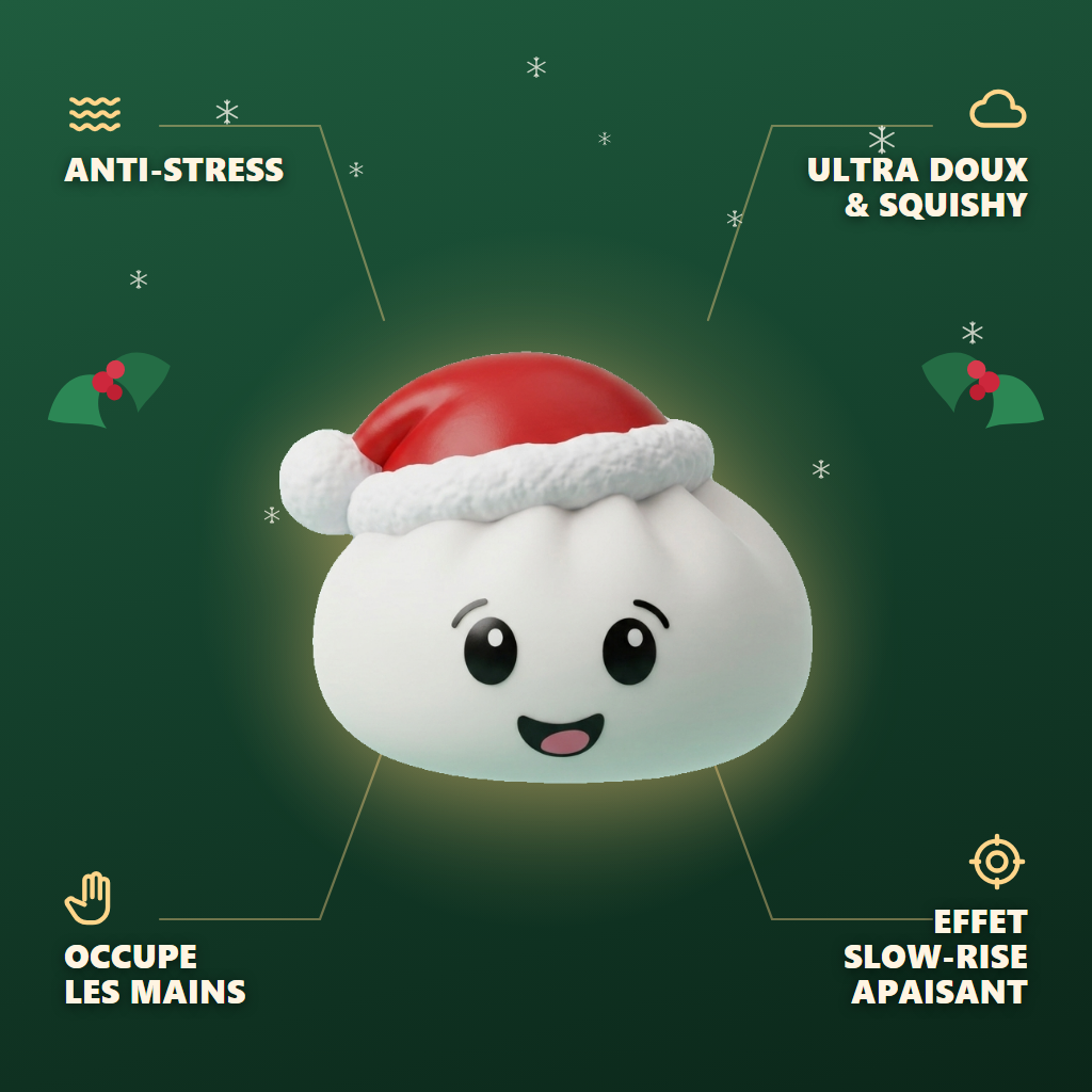 Squishy Dumpling Bonnet de Noël Blanc — anti-stress, ultra doux, effet slow-rise