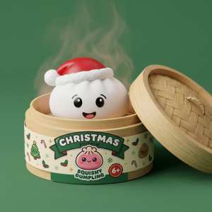 Squishy Dumpling Bonnet de Noël Blanc dans sa boîte panier vapeur façon bambou