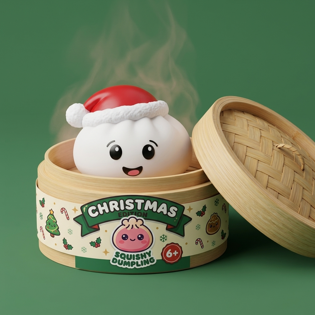 Squishy Dumpling Bonnet de Noël Blanc dans sa boîte panier vapeur façon bambou