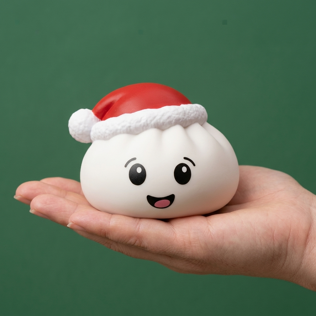 Squishy Dumpling Bonnet de Noël Blanc tenu en main, taille réelle