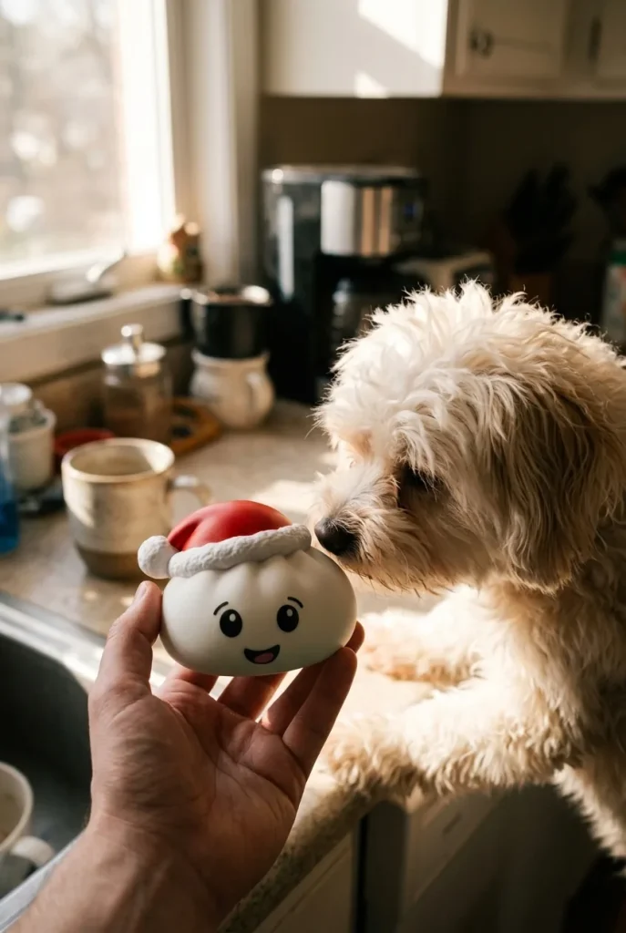 Squishy Dumpling Bonnet de Noël Blanc tenu près d'un animal de compagnie curieux