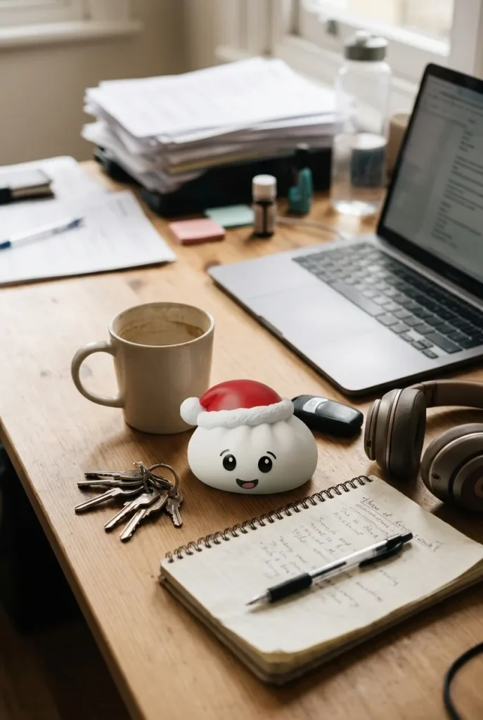 Squishy Dumpling Bonnet de Noël Blanc posé sur un bureau, dans le quotidien