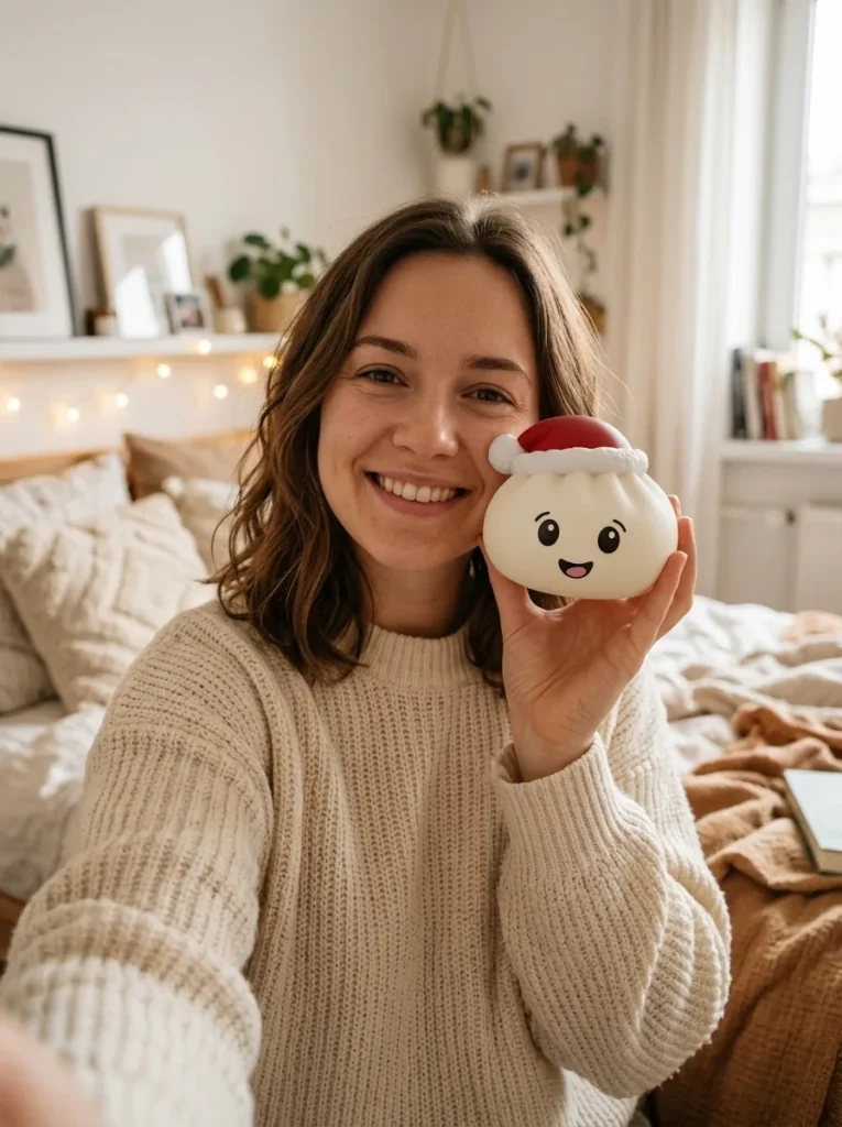 Squishy Dumpling Bonnet de Noël Blanc tenu près du visage — photo client