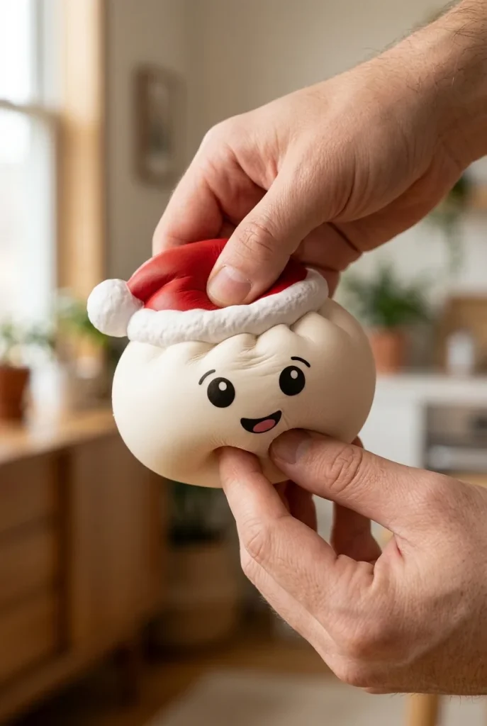 Squishy Dumpling Bonnet de Noël Blanc pressé dans la main — effet squishy slow-rise