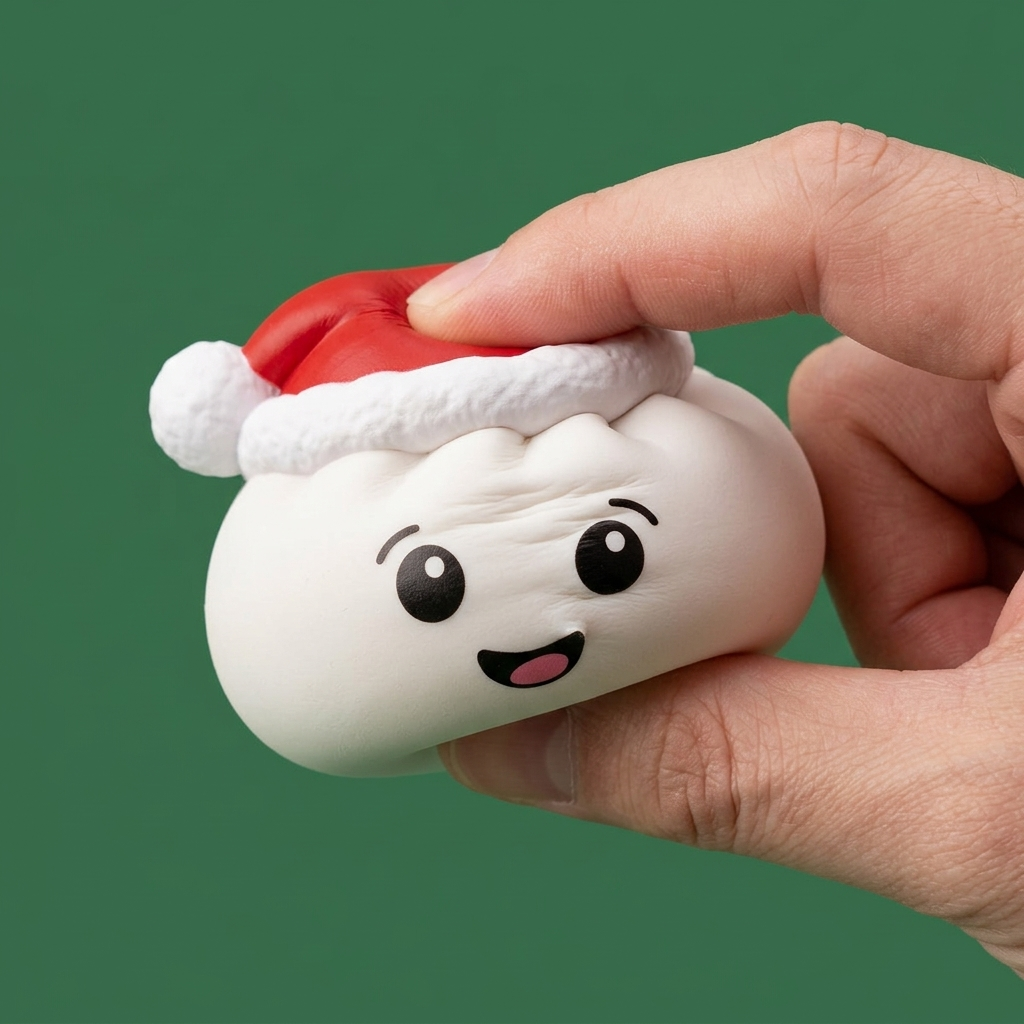 Squishy Dumpling Bonnet de Noël Blanc pressé dans la main, matière squishy
