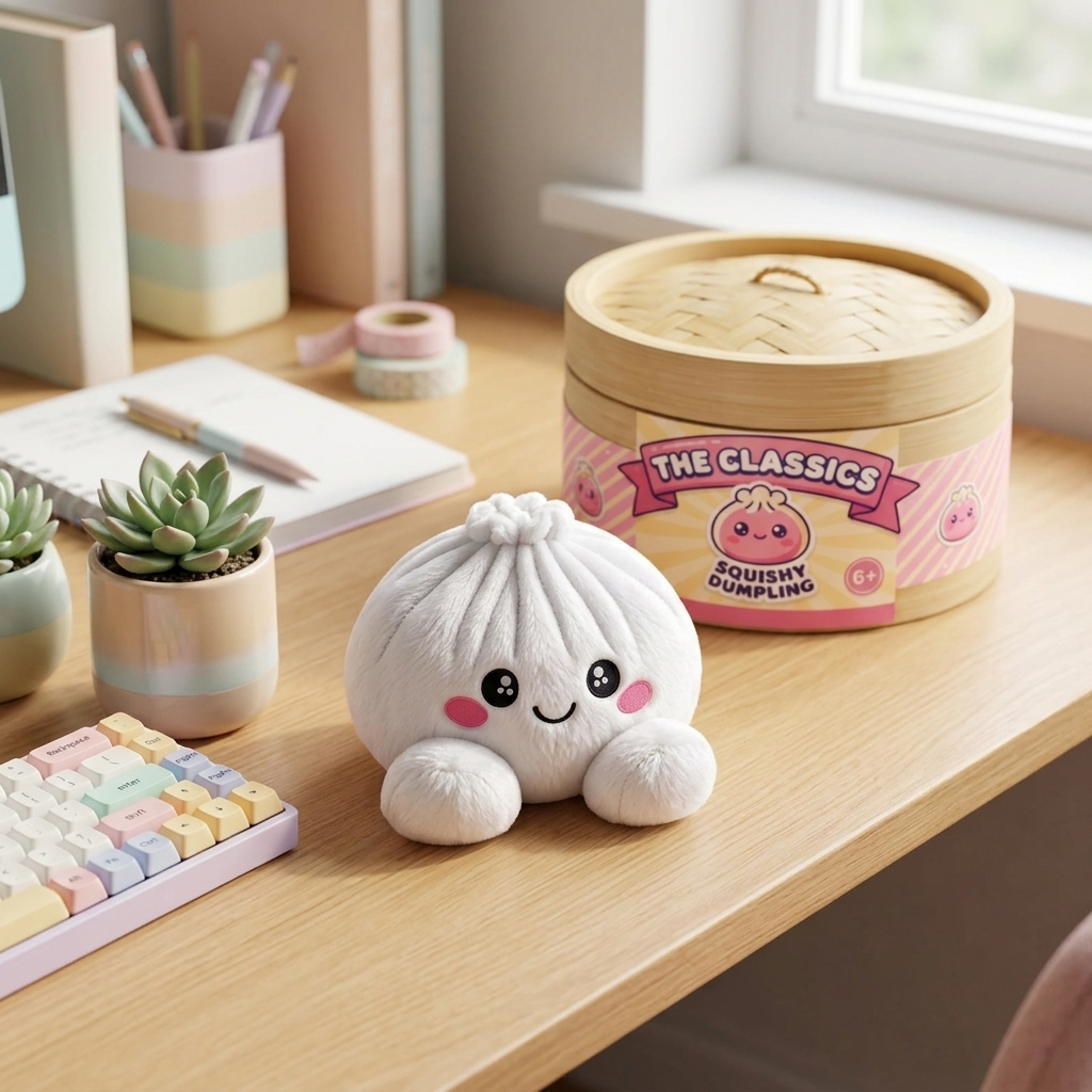 Squishy Dumpling Marshmallow Blanc Peluche en ambiance sur un bureau