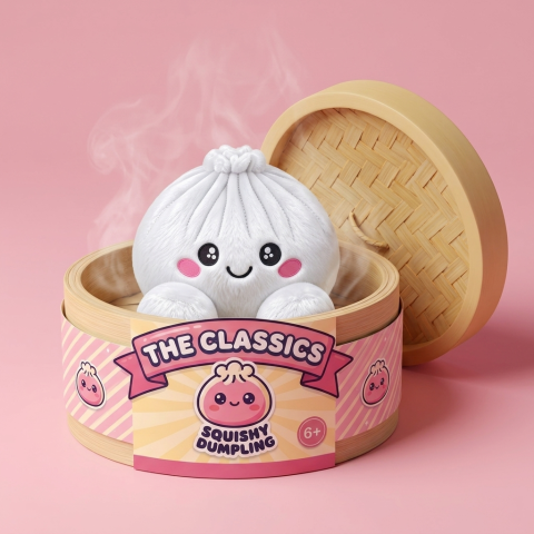 Squishy Dumpling Marshmallow Blanc Peluche dans sa boîte panier vapeur façon bambou
