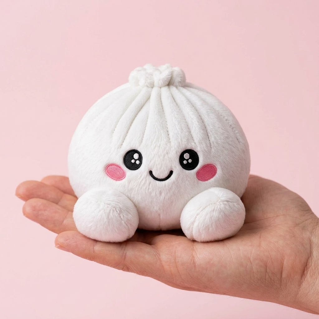 Squishy Dumpling Marshmallow Blanc Peluche tenu en main, taille réelle