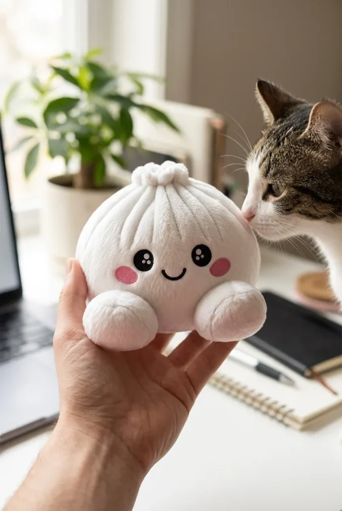 Squishy Dumpling Marshmallow Blanc Peluche tenu près d'un animal de compagnie curieux