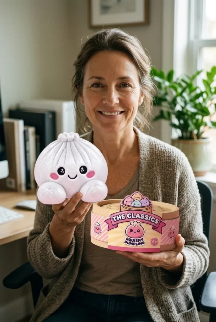 Squishy Dumpling Marshmallow Blanc Peluche présenté avec sa boîte panier vapeur — photo client