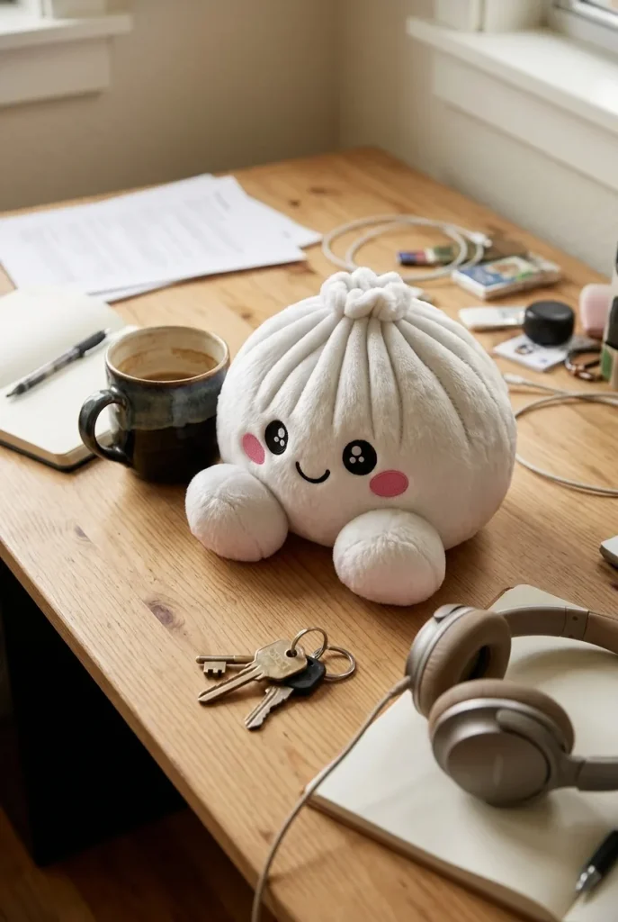 Squishy Dumpling Marshmallow Blanc Peluche posé sur un bureau, dans le quotidien
