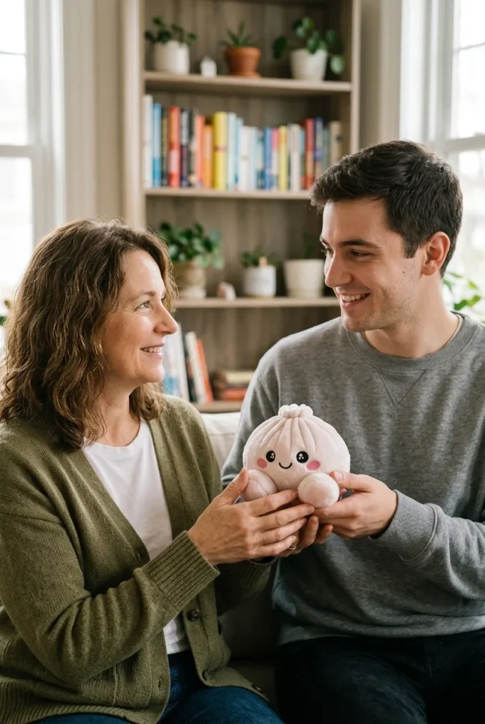 Squishy Dumpling Marshmallow Blanc Peluche offert en cadeau entre deux personnes