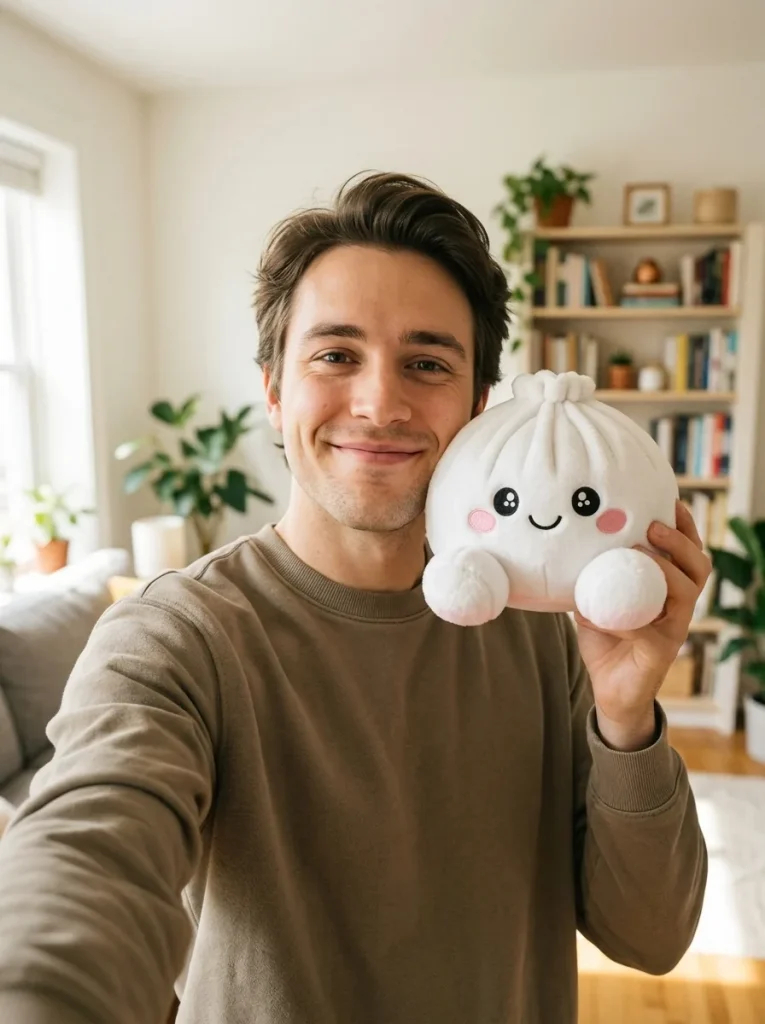 Squishy Dumpling Marshmallow Blanc Peluche tenu près du visage — photo client