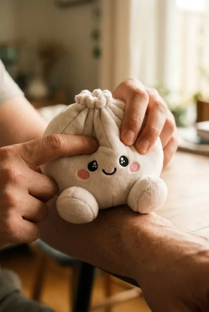 Squishy Dumpling Marshmallow Blanc Peluche pressé dans la main — effet squishy slow-rise