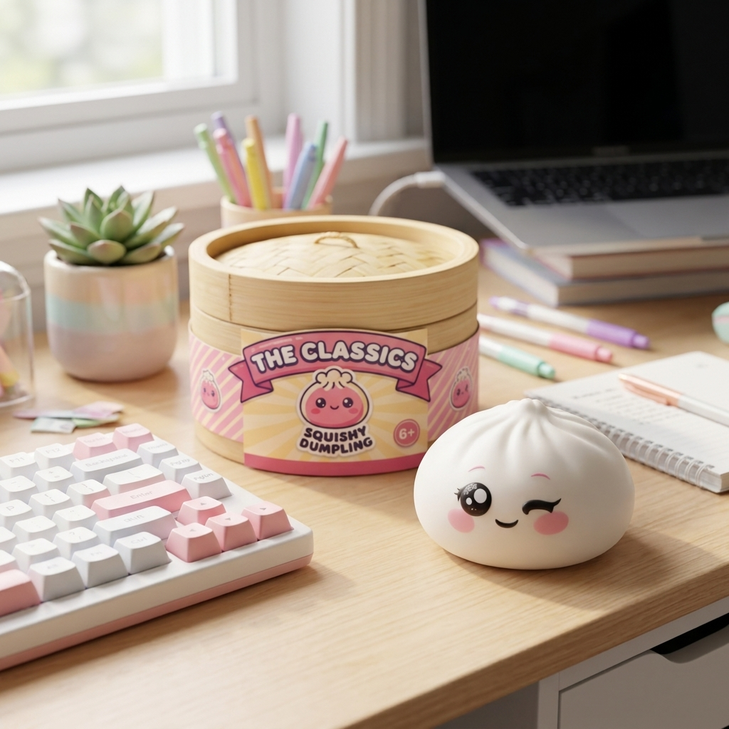 Squishy Dumpling Blanc Clin d’Œil en ambiance sur un bureau