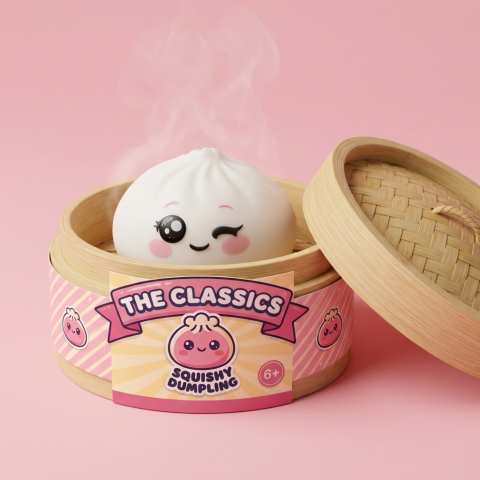 Squishy Dumpling Blanc Clin d’Œil dans sa boîte panier vapeur façon bambou