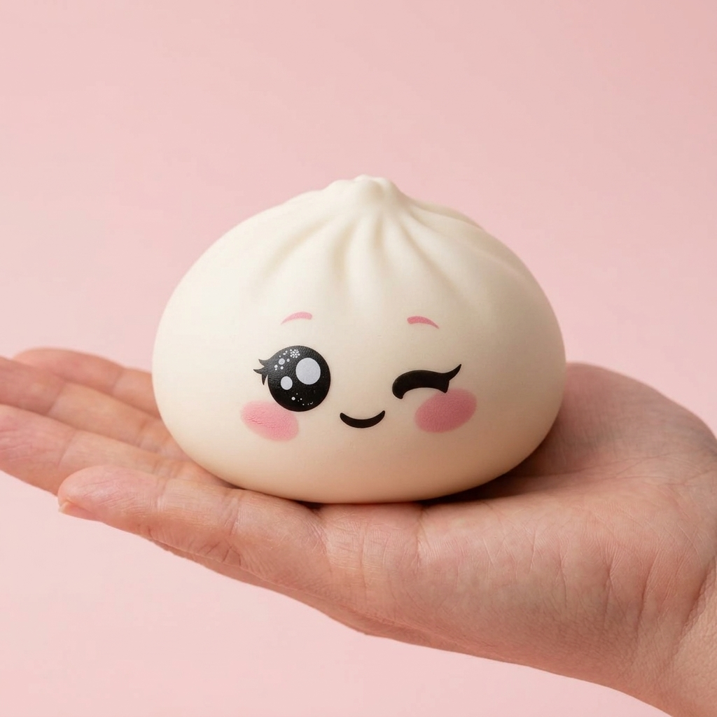 Squishy Dumpling Blanc Clin d’Œil tenu en main, taille réelle