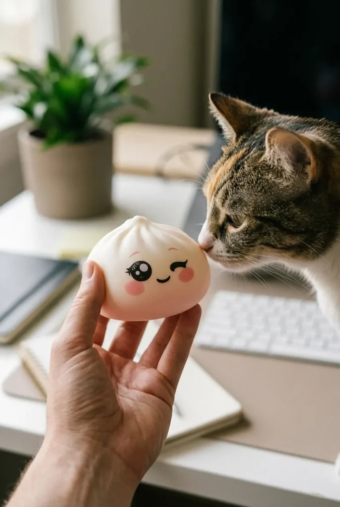 Squishy Dumpling Blanc Clin d’Œil tenu près d'un animal de compagnie curieux