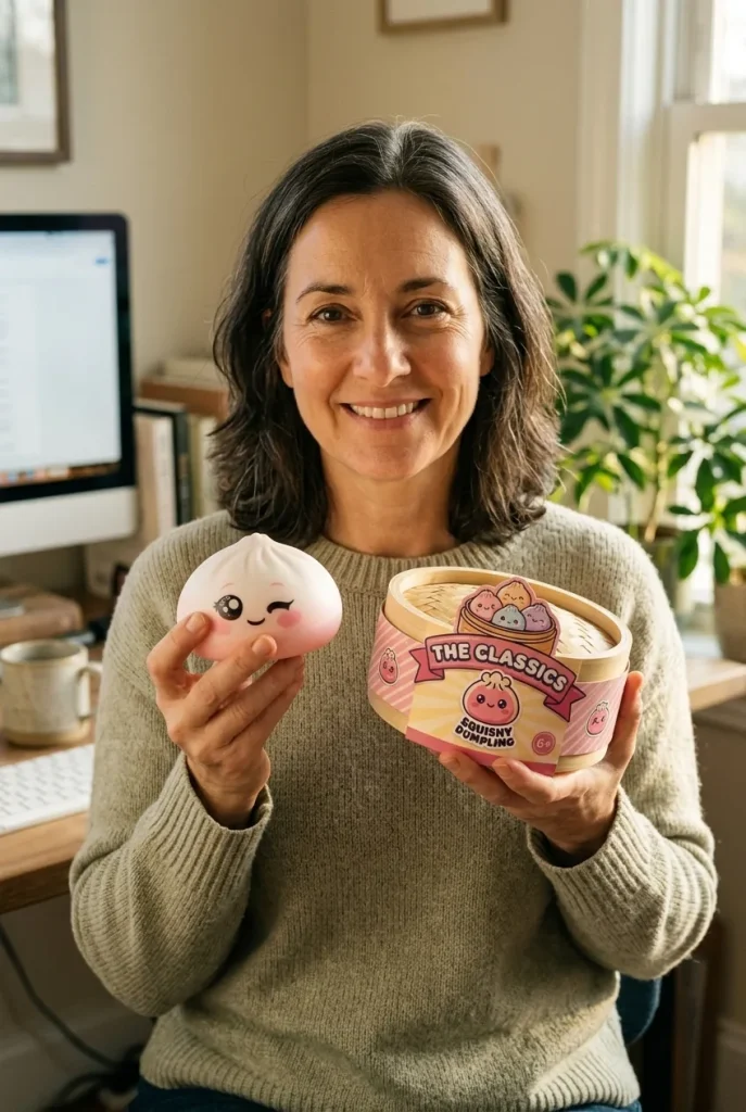 Squishy Dumpling Blanc Clin d’Œil présenté avec sa boîte panier vapeur — photo client