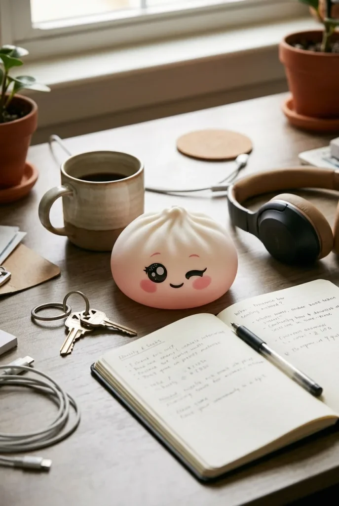 Squishy Dumpling Blanc Clin d’Œil posé sur un bureau, dans le quotidien