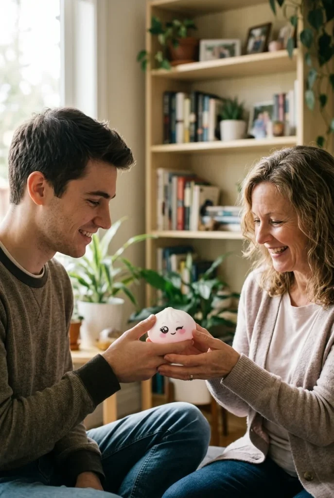 Squishy Dumpling Blanc Clin d’Œil offert en cadeau entre deux personnes