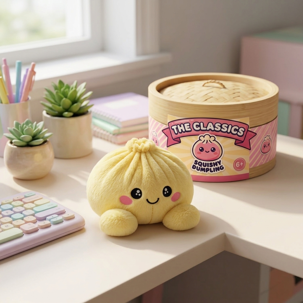 Dumpling Squishy Jaune Citron en ambiance sur un bureau