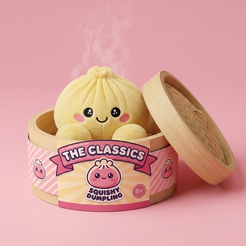 Dumpling Squishy Jaune Citron dans sa boîte panier vapeur façon bambou