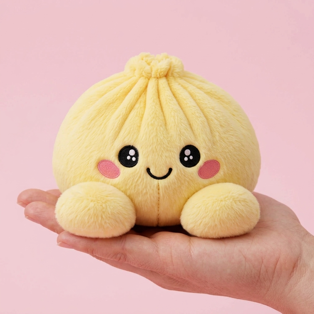 Dumpling Squishy Jaune Citron tenu en main, taille réelle