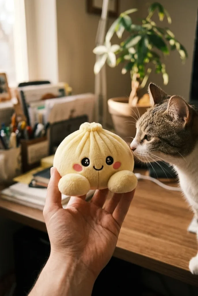 Dumpling Squishy Jaune Citron tenu près d'un animal de compagnie curieux