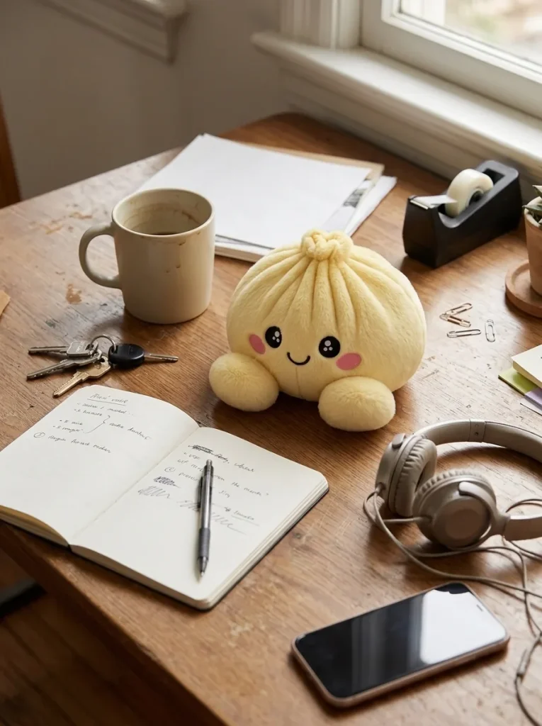 Dumpling Squishy Jaune Citron posé sur un bureau, dans le quotidien