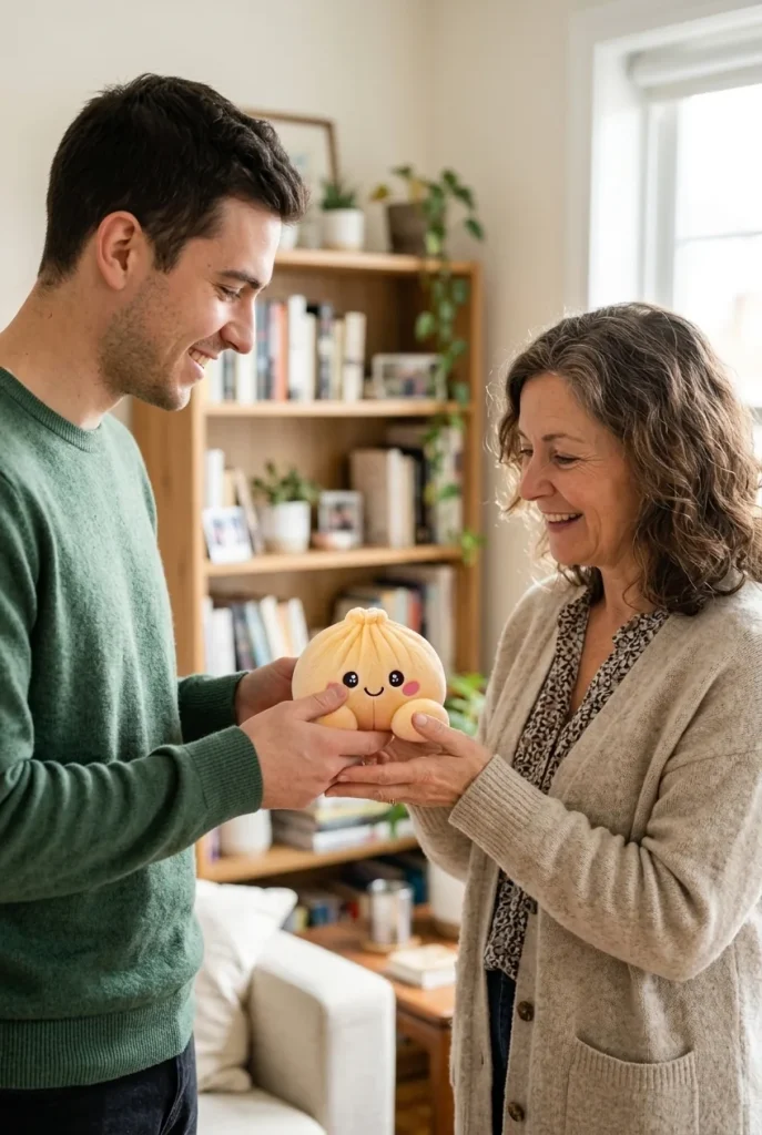 Dumpling Squishy Jaune Citron offert en cadeau entre deux personnes